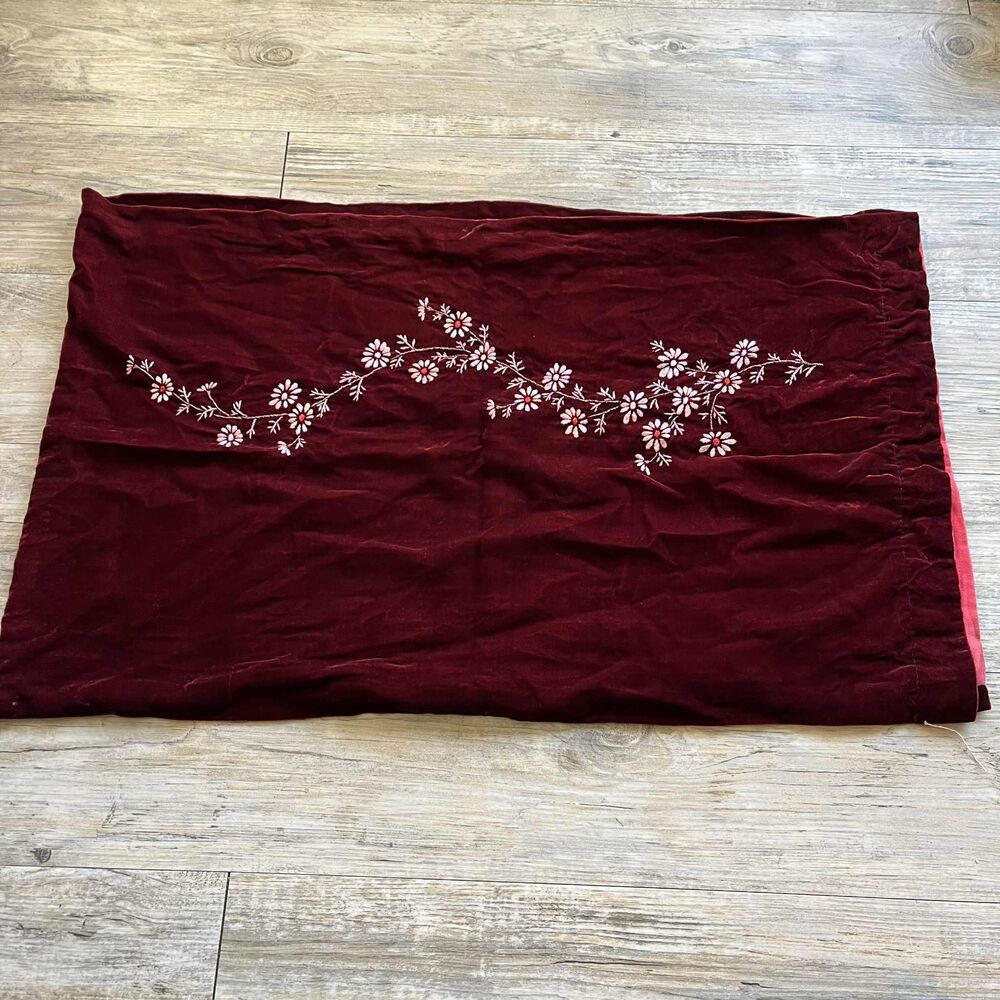 Vintage Scarf Silk and Velvet Hand Embroidered Floral Deep Red Maroon Pink 90s